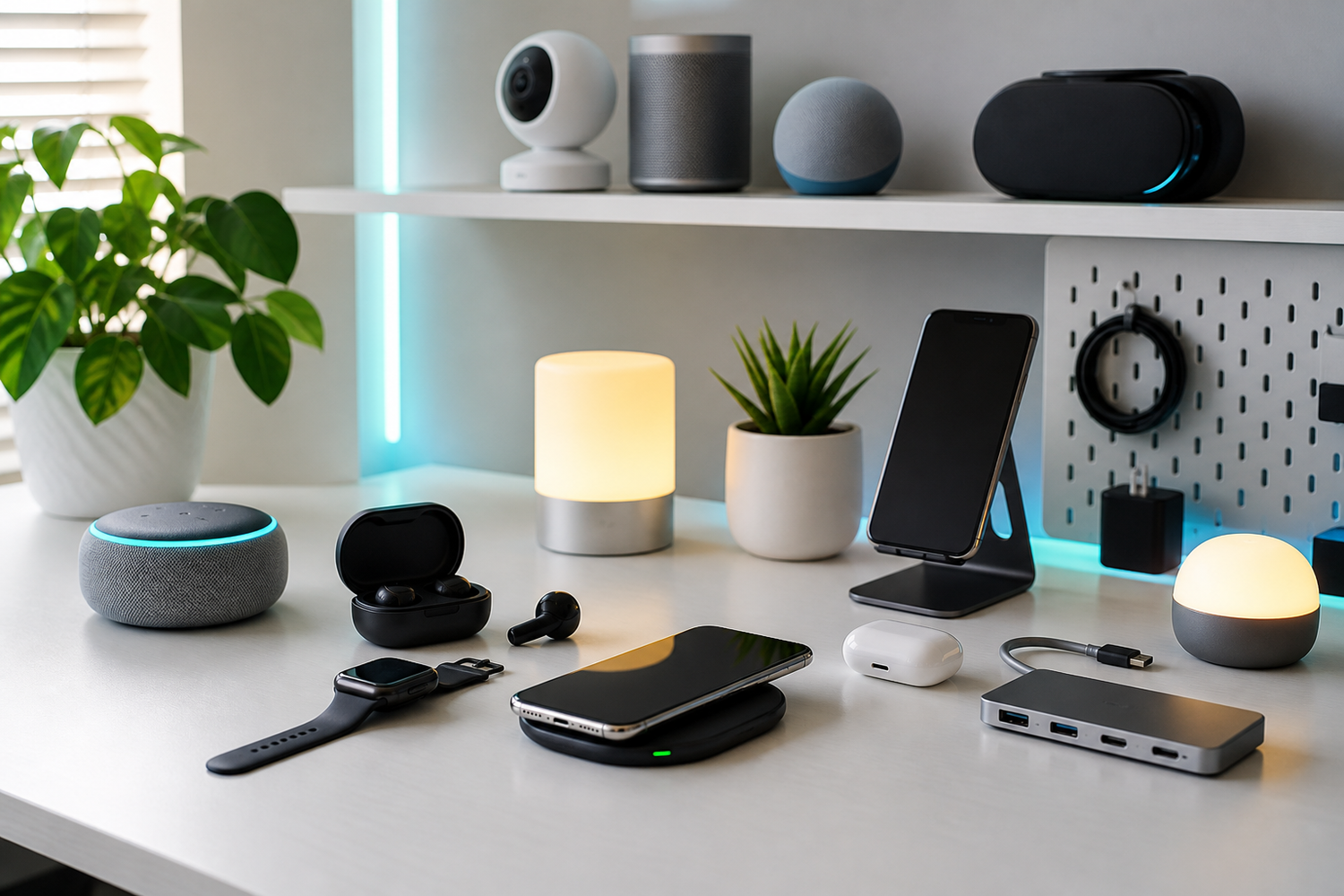 Smart gadgets and electronics collection with modern connected home accessories