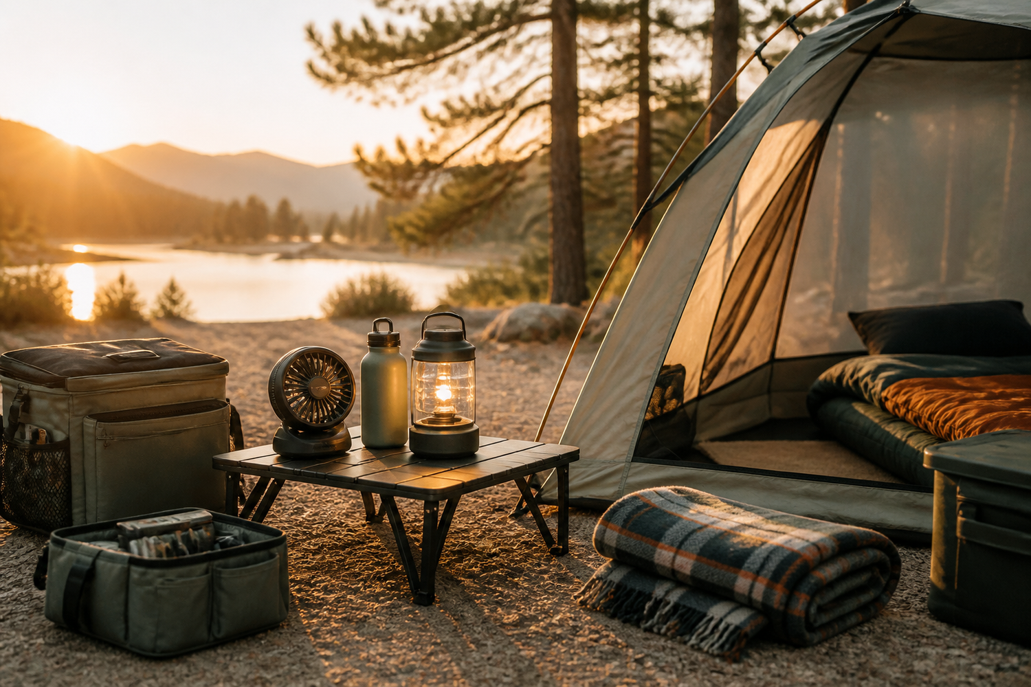Camping and outdoor gear collection with tent lantern and practical campsite essentials