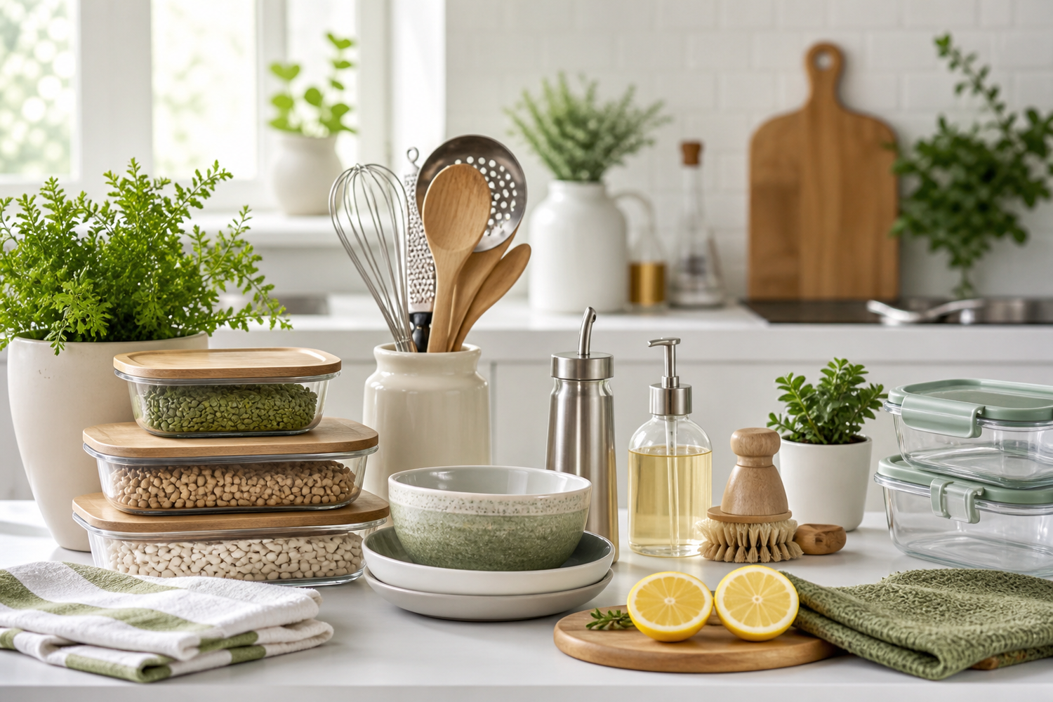 Kitchen and home essentials collection with practical tools and storage