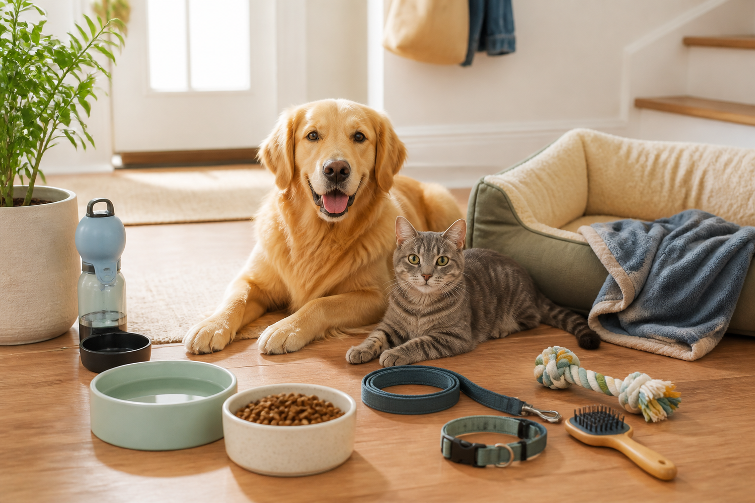 Pet accessories collection with dog cat feeding and care products
