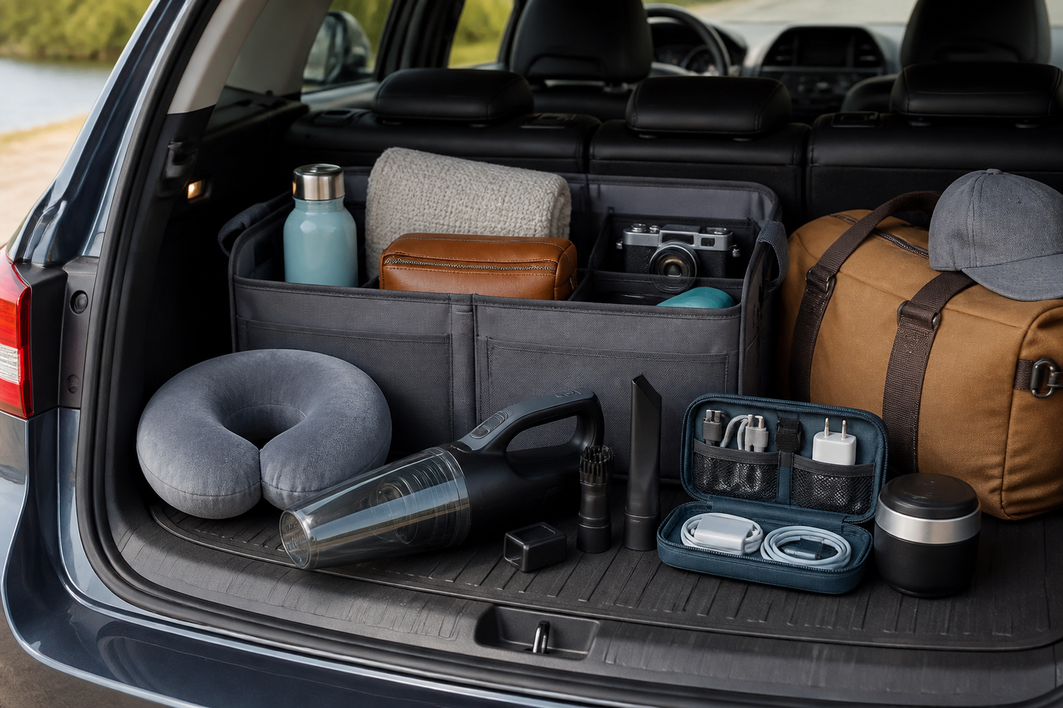 Travel and car accessories collection with road trip organiser and useful car essentials