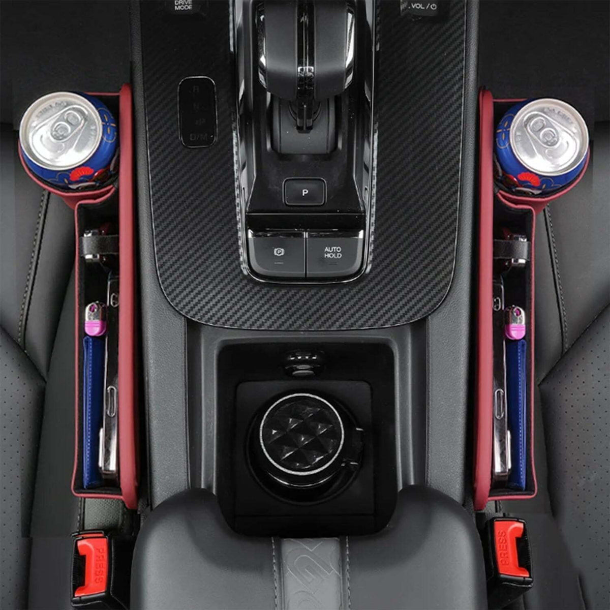 White car seat gap organiser with cup holder
