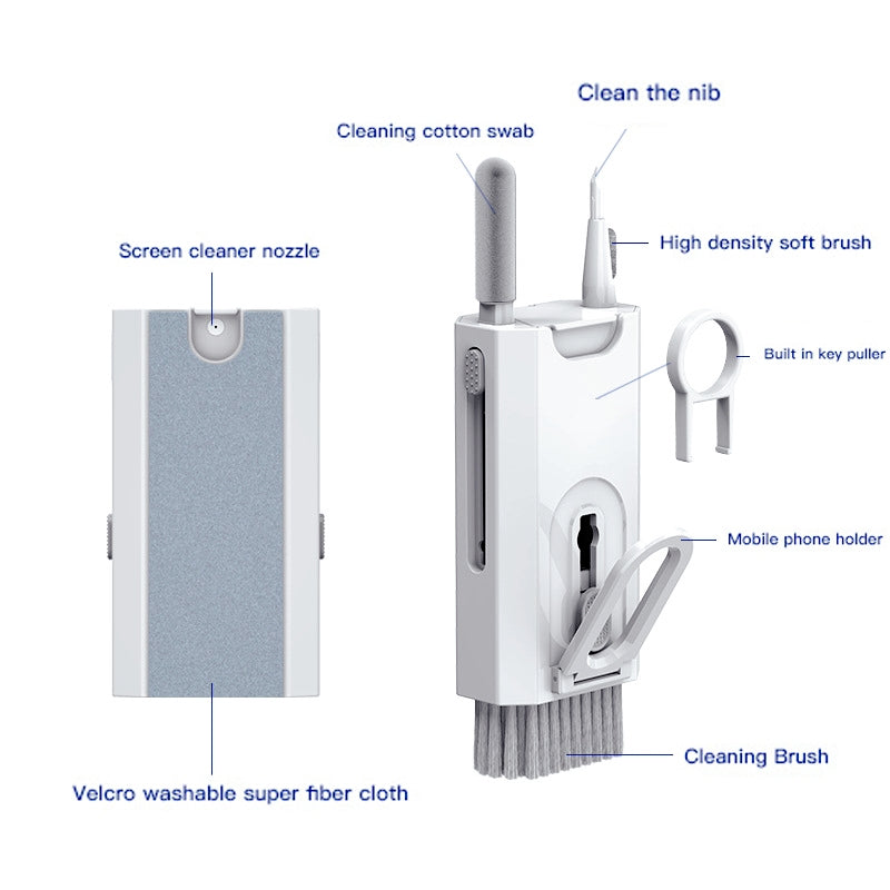 White 5-in-1 screen cleaning kit with cleaning sponge, precision tip and brush