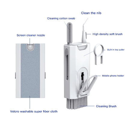 White 5-in-1 screen cleaning kit with cleaning sponge, precision tip and brush