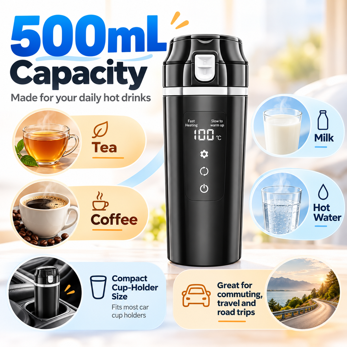 12V/24V car electric kettle showing 500 ml capacity