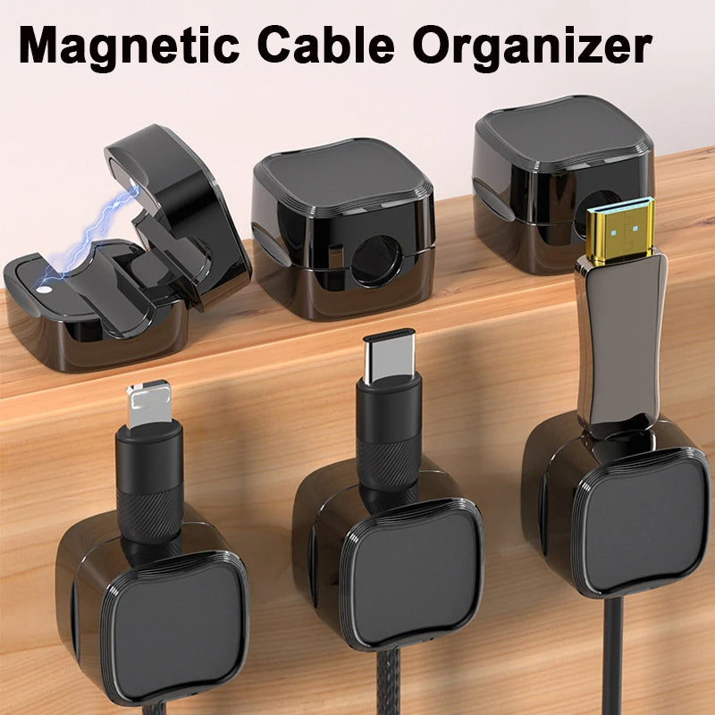 Magnetic cable clips and cord organisers for desk setup