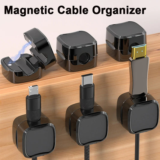 Magnetic cable clips and cord organisers for desk setup