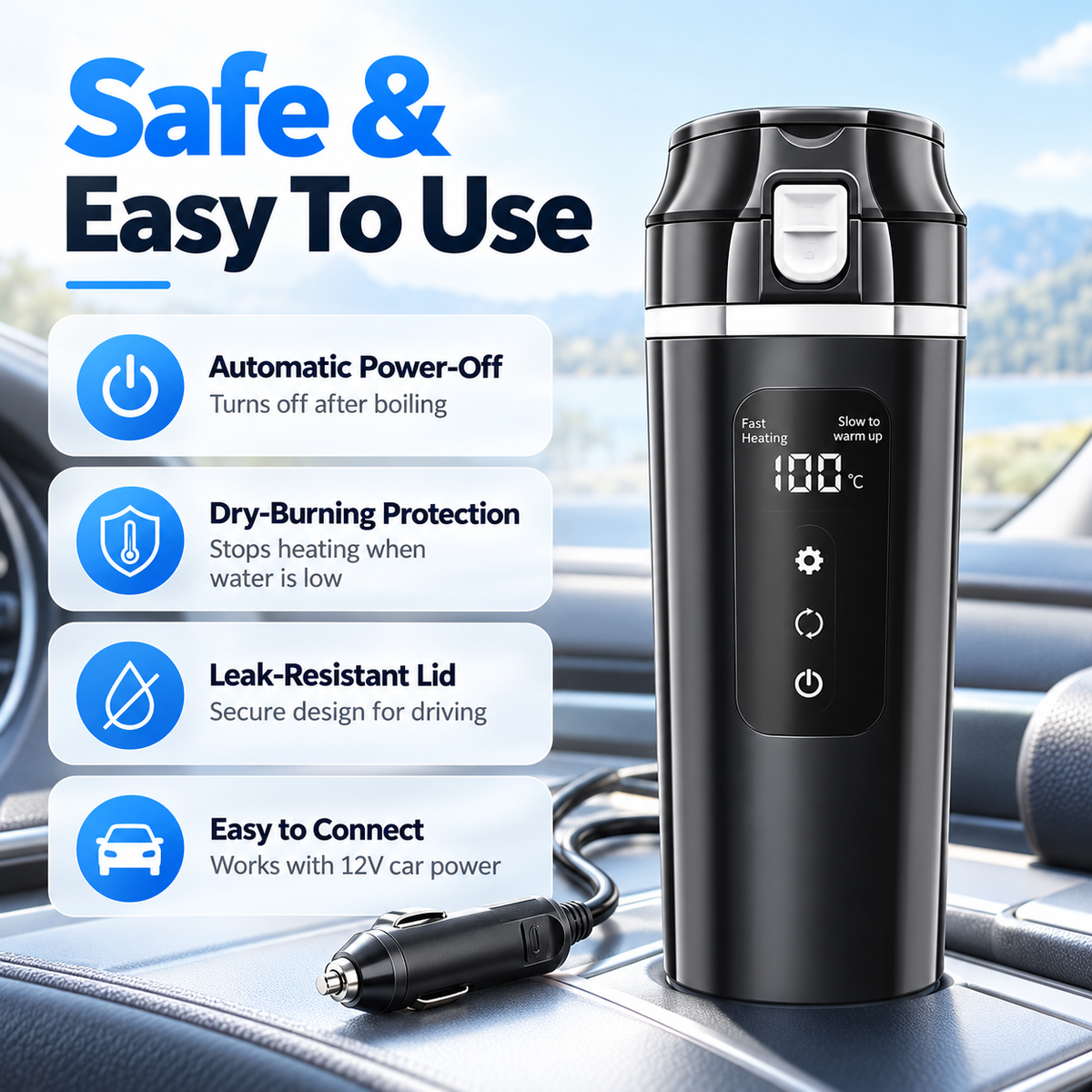 12V/24V car electric kettle with simple one-touch operation
