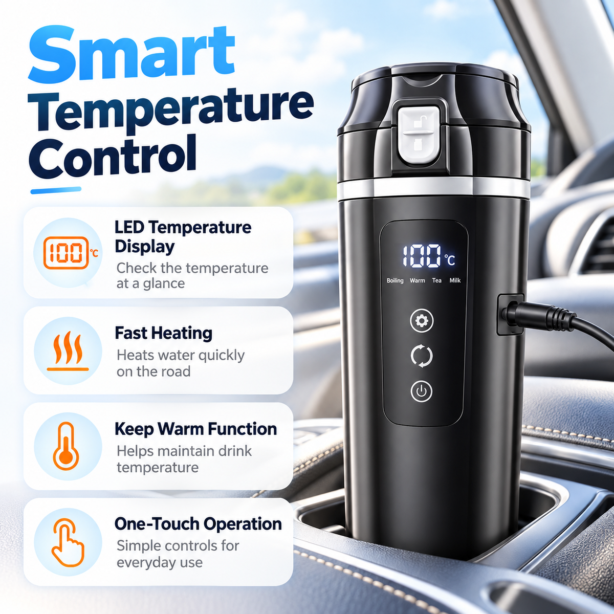 12V/24V car electric kettle with smart temperature control, LED display and one-touch operation