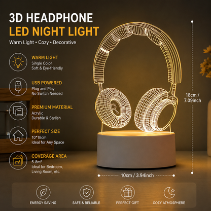 Headphone version Creative Acrylic LED Night Light - Warm White Ambient Table Lamp, Decorative Desktop Mood Light