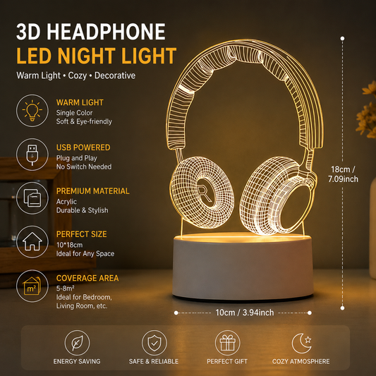 Headphone version Creative Acrylic LED Night Light - Warm White Ambient Table Lamp, Decorative Desktop Mood Light