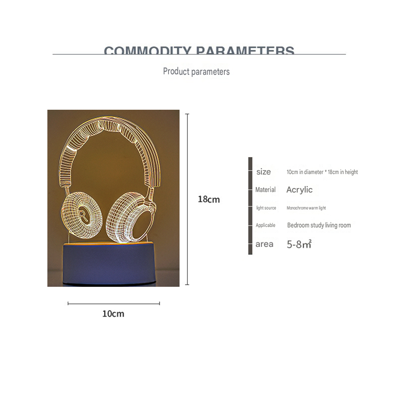 Headphone version Creative Acrylic LED Night Light - Warm White Ambient Table Lamp, Decorative Desktop Mood Light