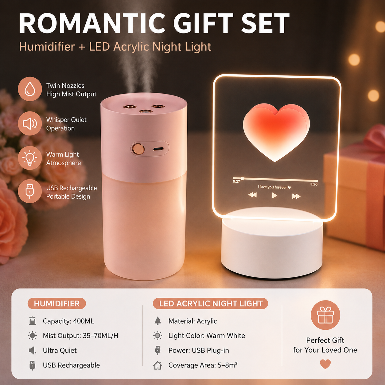 Creative Romantic Home Gift Set - Pink Dual Spray USB Humidifier with  Warm LED Night Light and White Acrylic Decorative Ambient Lamp