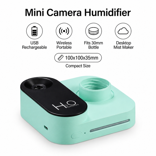 Green Mini Camera Humidifier, USB Rechargeable Portable Water Bottle Humidifier with LED Night Light