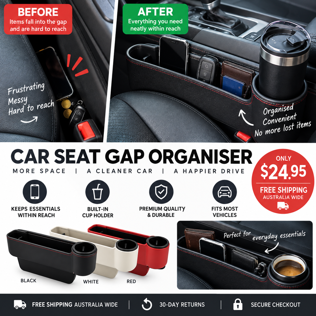Car Seat Gap Organiser before and after showing storage, cup holder, price and free shipping